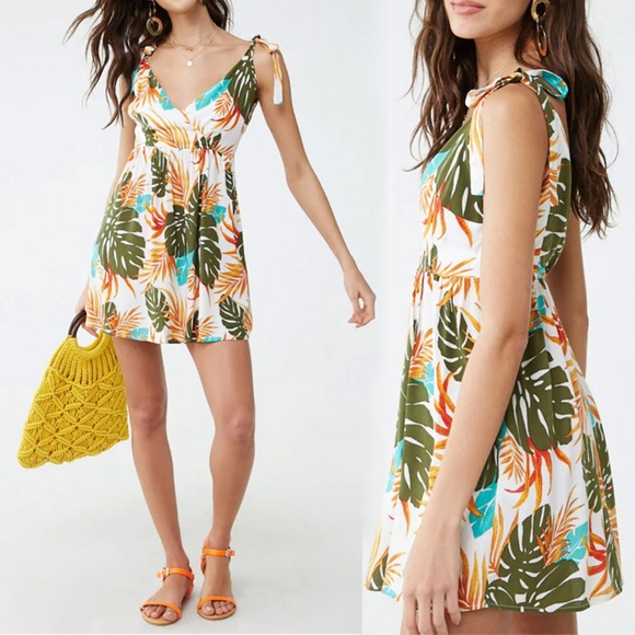 NEW Tropical Palm Foliage Leaf Print Surplice Tie Shoulder Dress - Picture 5 of 8